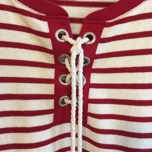 Lands’ End Long Sleeve Lace Up Striped Shirt Red & White - Picture 3 of 13